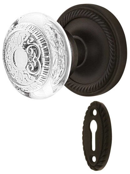 Rope Rosette Mortise-Lock Set with Egg and Dart Crystal-Glass Knobs in Oil-Rubbed Bronze.